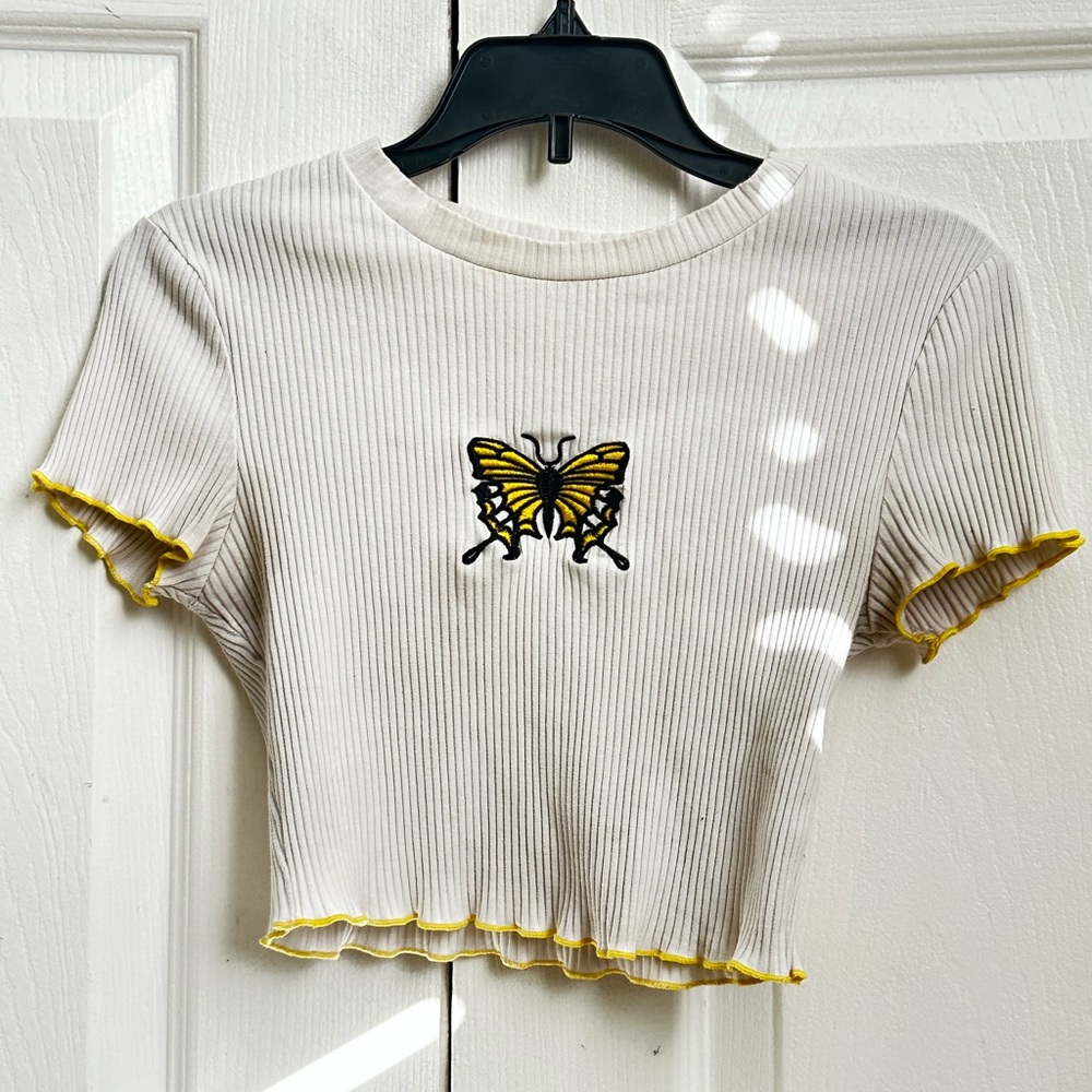 yellow white butterfly shirt